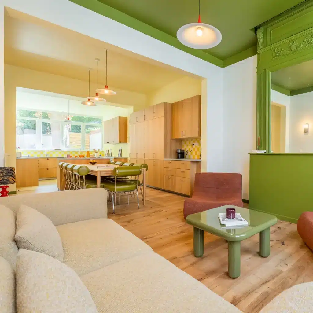 Salon et cuisine ouverte du coliving Maison République à Lille Saint-Michel